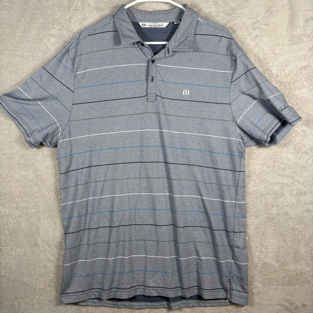 Travis Mathew Polo Short Sleeve Shirt Mens XL Gray Striped Hackberry Creek Logo